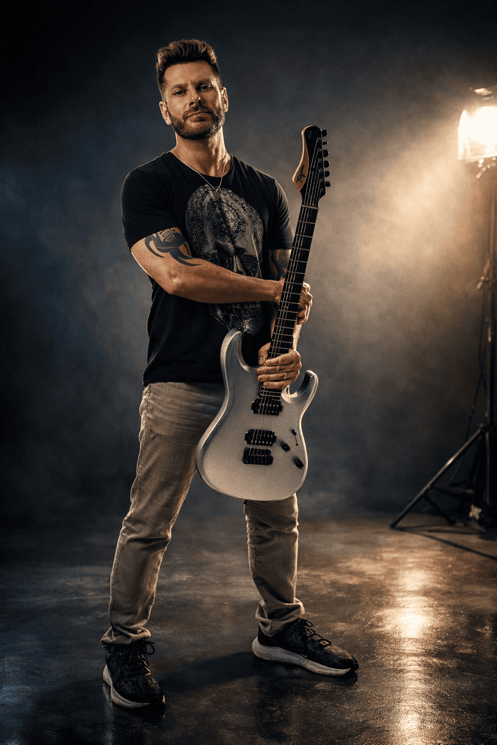 Mauricio Alabama com sua guitarra em estúdio