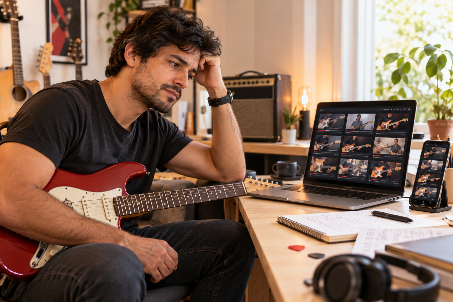Aluno com guitarra diante de muitas aulas diferentes e sem saber por onde começar